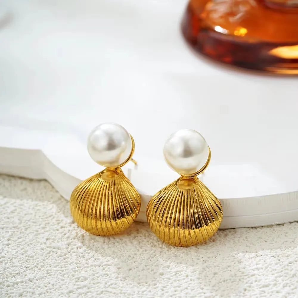 Vintage Stainless Steel Gold Shell Earrings