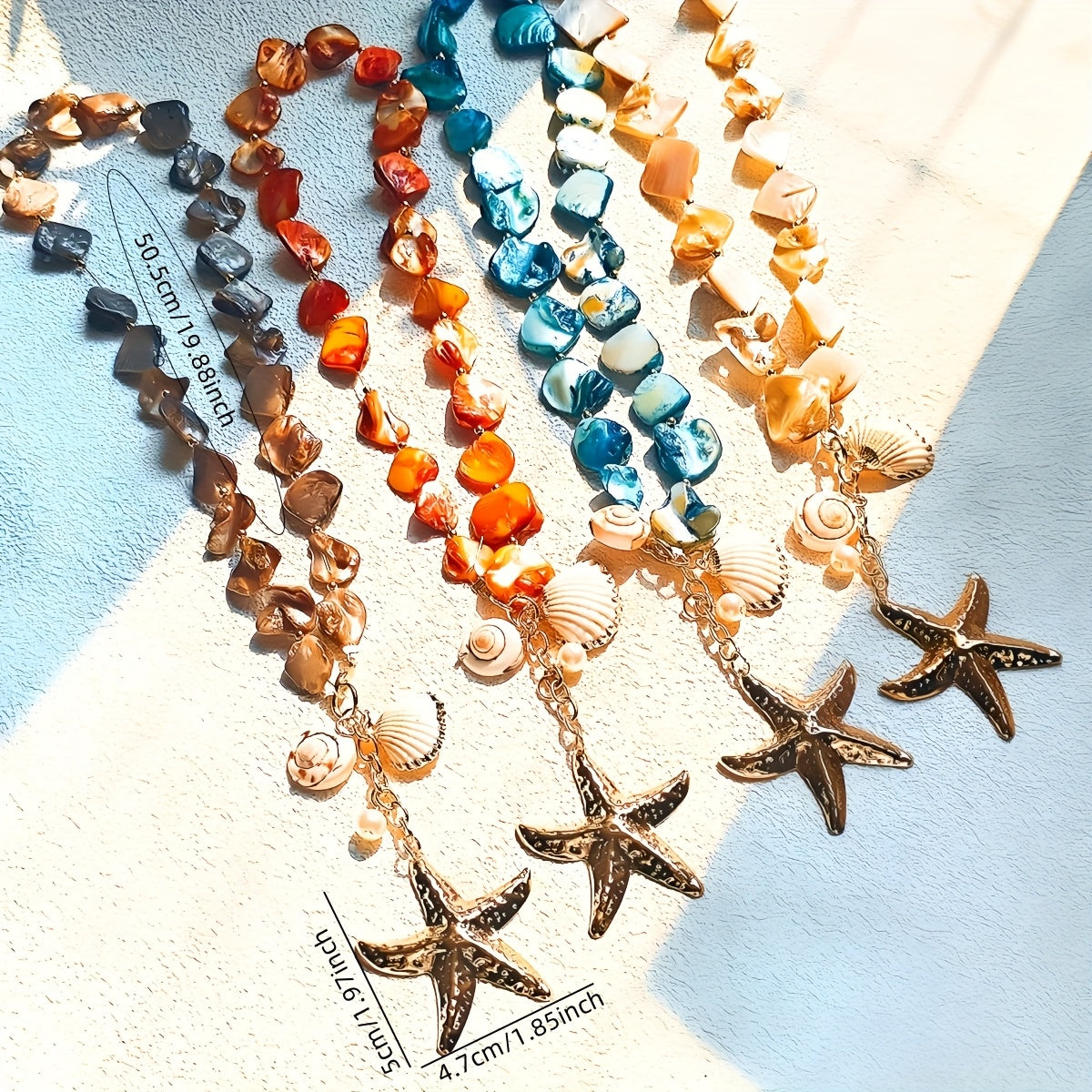 Bohemian Beach Necklace with Shell, Starfish Pendant & Blue Beads