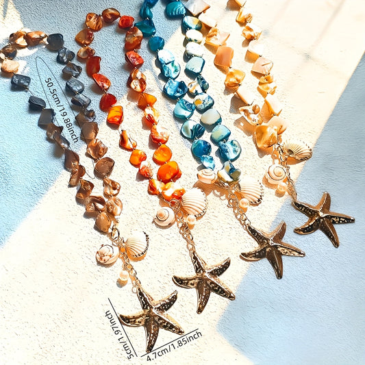 Bohemian Beach Necklace with Shell, Starfish Pendant & Blue Beads