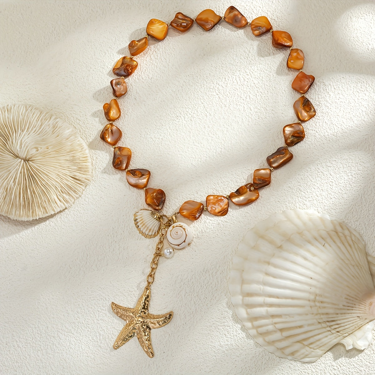 Bohemian Beach Necklace with Shell, Starfish Pendant & Blue Beads