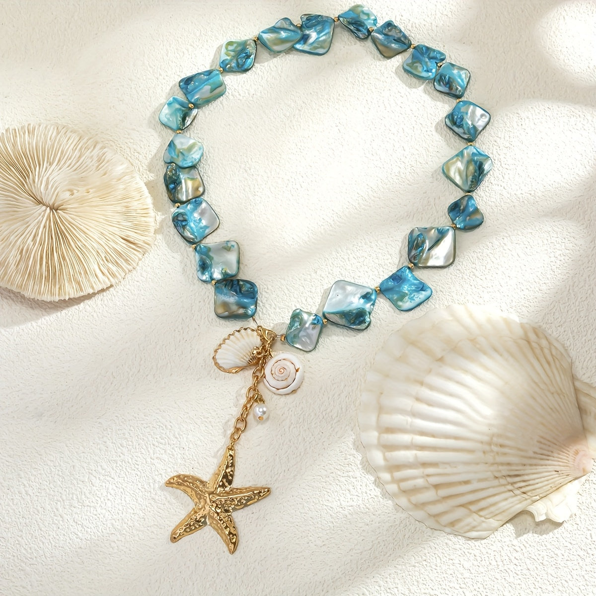 Bohemian Beach Necklace with Shell, Starfish Pendant & Blue Beads